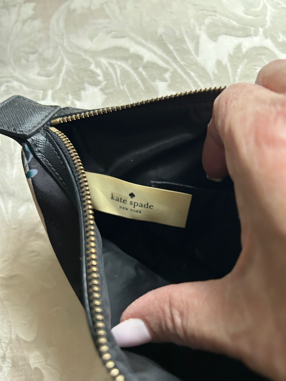 kate spade Black Floral Nylon Cosmetic Travel Pouch with Pink & Cream Blooms - Picture 4 of 6